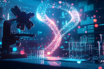Poster - Vibrant Laboratory Scene with Microscope and DNA Strand