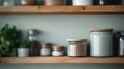 A beautifully composed image of well-organized kitchen shelves displaying various jars with ingredients, showcasing tidiness and aesthetic appeal in a modern kitchen setting.