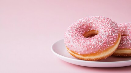 A close-up shot of a single donut with pink glaze and colorful sprinkles, sitting majestically on a white plate against a soft pink background, ideal for dessert enthusiasts.