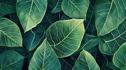 Rich green leaves with delicate veins create a mesmerizing abstract pattern, evoking the peaceful beauty of a tropical forest