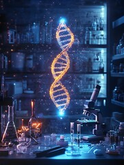 Poster - Vibrant DNA Helix over Laboratory Equipment