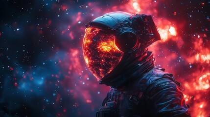 Wall Mural - futuristic astronaut in sleek spacesuit side profile view helmet reflecting cosmic wonders against starry background