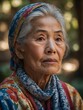 © Tamazina - Elderly Asian woman with gray hair wearing colorful patterned scarf, looking directly at camera with serious expression