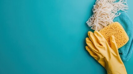 A set of cleaning supplies consisting of a mop, sponge, and yellow gloves on a turquoise background, emphasizing cleanliness, hygiene, and domestic chores.