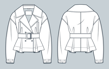 Wall Mural - Belted Jacket technical fashion Illustration. Cropped Trench Coat fashion flat technical drawing template, double-breasted, buttons, pockets, front and back view, white, women, men, unisex CAD mockup.