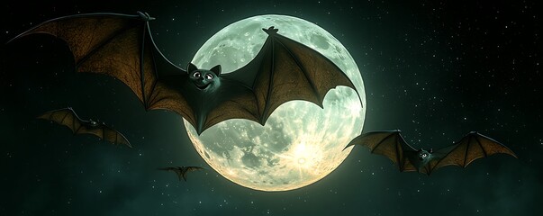 Cartoon bats soaring under a full moon