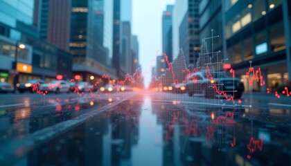  City lights reflecting on wet pavement symbolizing urban life and technology