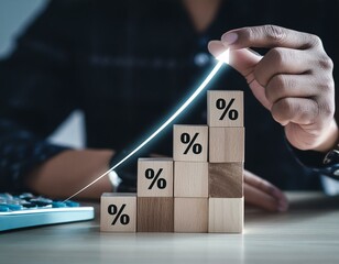 Interest rate financial and mortgage rates concept. Wooden home and hand putting cube block