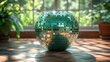 © NK - Mosaic disco ball green vase on wooden floor in sunlit room, vibrant decor. Interior design and art concept