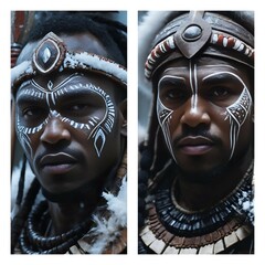 Collage of two portraits of a man wearing traditional tribal attire and face paint