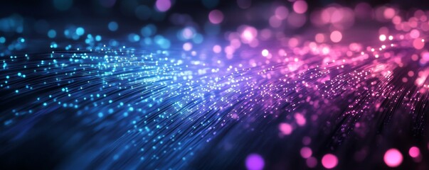 Colorful fiber optic lights on dark background, abstract technology concept