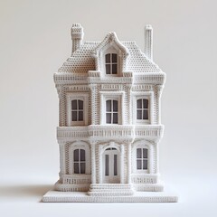 Wall Mural - miniature building made of knitted thread with a white background