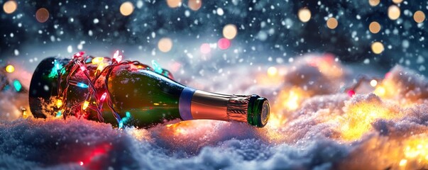 Champagne bottle with festive lights in snow, holiday celebration concept