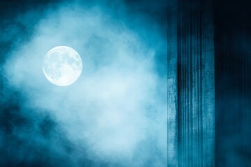 a luminous full moon shines brightly in a misty, blue night sky, with shadowy architectural elements