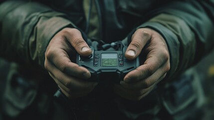 Closeup of a person's hands holding a remote control with a screen displaying a map.