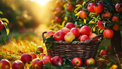 Wall Mural - Autumn Harvest Symphony with Vibrant Ripe Apples in Sunlit Orchard