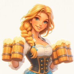 A cheerful woman in traditional attire holds two frothy beer mugs, radiating warmth and hospitality, Great for promotions related to festivals, breweries, or hospitality events,