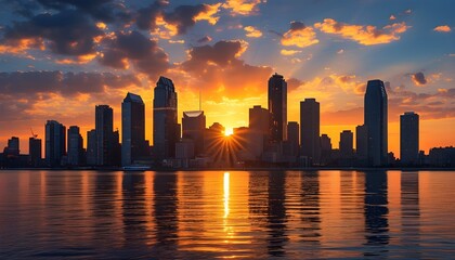 Wall Mural - Twilight Serenity: Golden Hour Over a Modern Urban Skyline