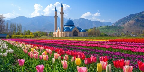 A vibrant landscape featuring a mosque surrounded by colorful tulip fields and mountains.