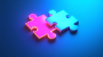 Two neon puzzle pieces on blue gradient surface