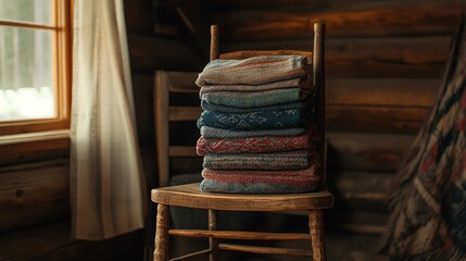 Stack of colorful blankets on wooden chair.