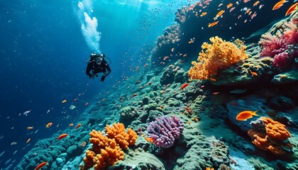 Wall Mural - Exploration of Vibrant Underwater Coral Reefs Filled with Colorful Fish and Marine Life in Thrilling Scuba Diving Adventures