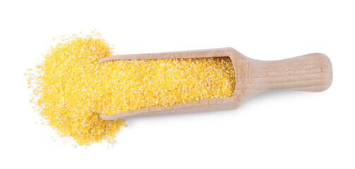 Wall Mural - Raw cornmeal in scoop isolated on white, top view