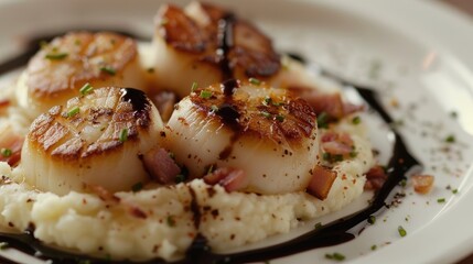 Wall Mural - Seared scallops with a smooth cauliflower puree, crispy pancetta, and a drizzle of balsamic reduction.