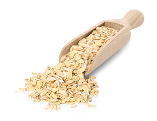 Wall Mural - Dry oat flakes in wooden scoop isolated on white