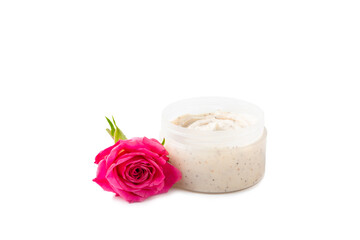 Wall Mural - Salt body scrub with rose aroma and flowers isolated on white background. Scrub with pink sea salt. Spa treatments. Natural skin care cosmetics with herbs and essential oils. skincare concept.