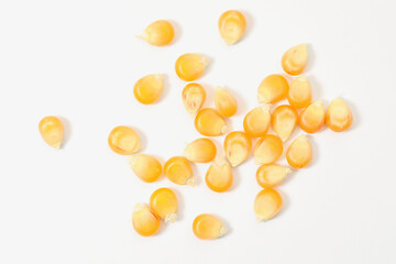 Canvas Print - Many fresh corn kernels on white background, flat lay