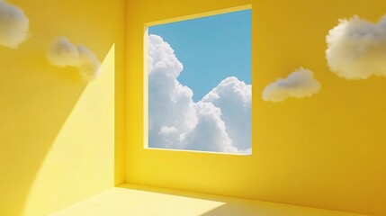 Sticker - Bright Yellow Room with Clouds and Blue Sky View