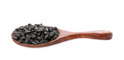 Poster - Sunflower seeds in wooden spoon isolated on white