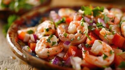 Wall Mural - Vibrant shrimp ceviche with diced tomatoes, onions, and cilantro.