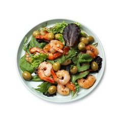 Canvas Print - Delicious shrimp salad with olives isolated on white, top view