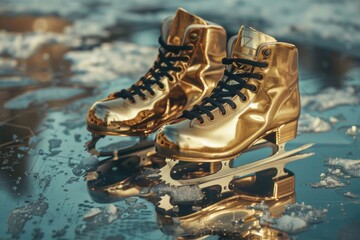 Poster - Pair of gold skates resting on a puddle of water, great for winter or ice skating theme