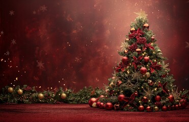 A beautifully decorated Christmas tree on red background with copy space for text