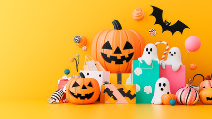 Wall Mural - The vibrant yellow background showcases playful Halloween decorations, including carved pumpkins, whimsical ghosts, and colorful candies, creating a fun atmosphere for a festive event