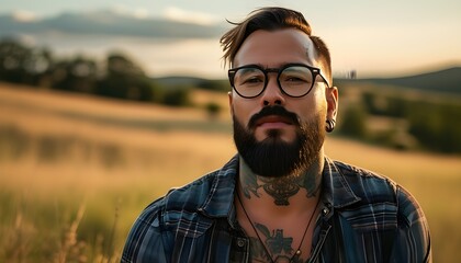 Wall Mural - Artistic Expression: Tattooed Photographer Embracing Rustic Charm on a Casual Summer Afternoon