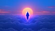© Pui - A luminous soul flying through clouds towards a glowing sun on the horizon, illuminated by a radiant sunset, evoking feelings of tranquility and spirituality.