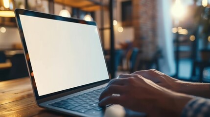 Laptop with blank screen, cafe setting.