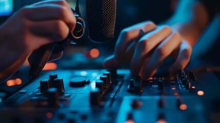 Close-up of hands adjusting a music mixer with a microphone in the background.