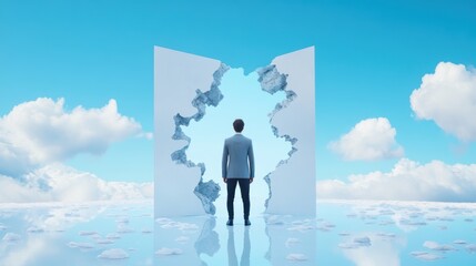 Wall Mural - A businessman standing in front of a giant, surreal mirror, reflecting a distorted, fragmented image of himself, representing the enigmatic nature of control and the ambiguity of management.