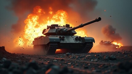 Wall Mural - Tank on battlefield with explosion in background