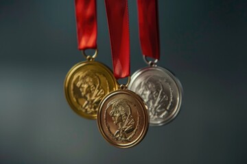 A close-up shot of three medals hanging from a red ribbon, suitable for use in awards ceremonies or as a symbol of achievement