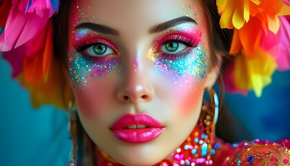 Wall Mural - Striking Beauty Portrait of Vibrant Fashion Woman with Flawless Makeup, Glittering Details, and Expressive Eyes