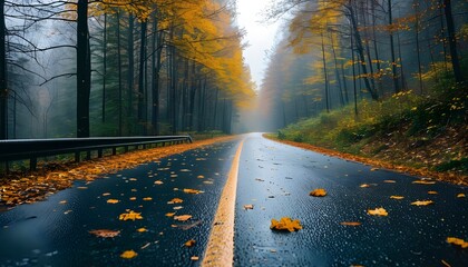 Wall Mural - Enigmatic Autumn Road Through Misty Forest with Glimmering Wet Pavement and Vibrant Yellow Foliage Beneath Gloomy Overcast Sky