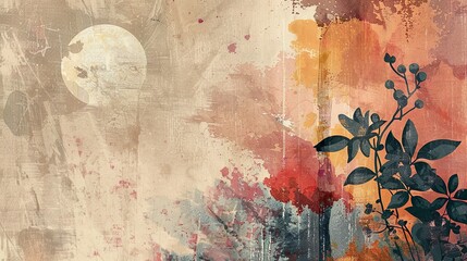 Wall Mural - A painting of a moon and trees with a splash of color