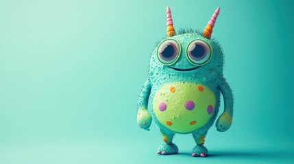 A chubby, smiling alien with big eyes, soft antennas, and colorful spots on its body, standing on a light blue background