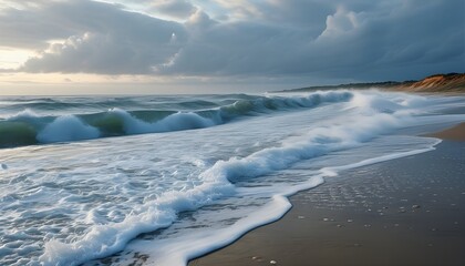 Wall Mural - Majestic Ocean Waves Colliding with Sandy Shore Under Dramatic Sky, Embracing Coastal Serenity and Natures Beauty